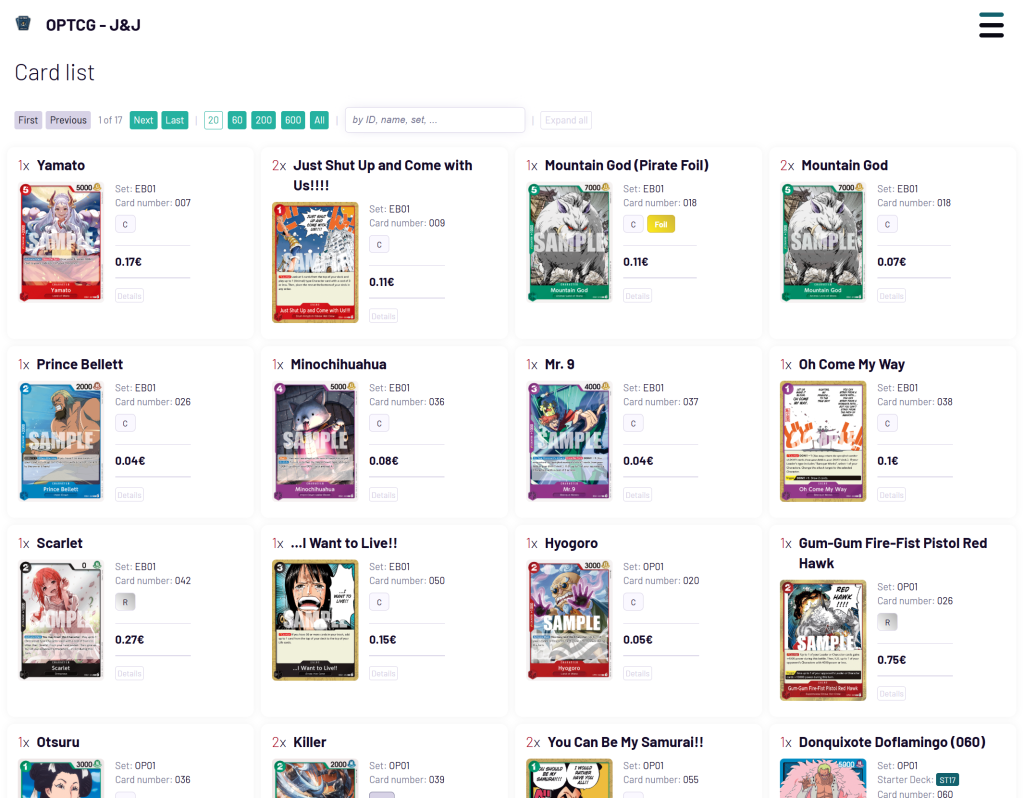 Screenshot della mia web application che presenta le varie carte di One Piece The Card Game e i relativi dati.