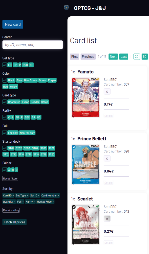 Screenshot del menu laterale della web application che permette di cercare, ordinare e filtrare i risultati.