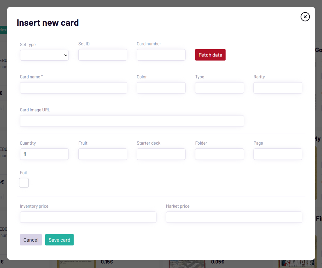 Screenshot della maschera di inserimento di una nuova carda nella web app.