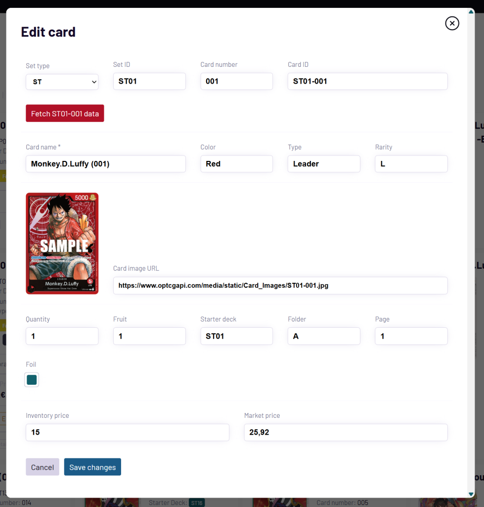 Screenshot dell'interfaccia di modifca di una carta, attraverso la quale è possibile fetchare da una API dei dati come valore della carta e immagine.