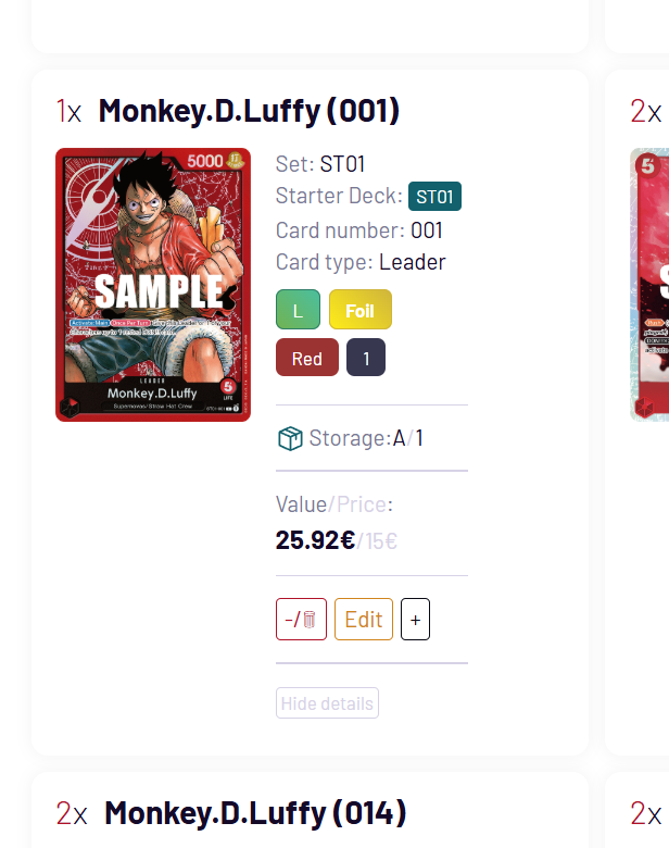 Screenshot del dettaglio di una carta che presenta anche l'indicazione del raccoglitore in cui è contenuta.